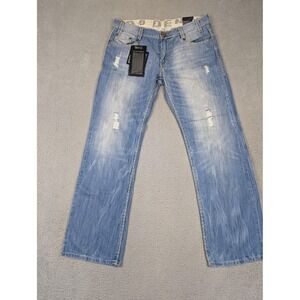 Do Denim Jeans Mens 34x32 Light Wash Slim Straight Distressed Cross Embroidered